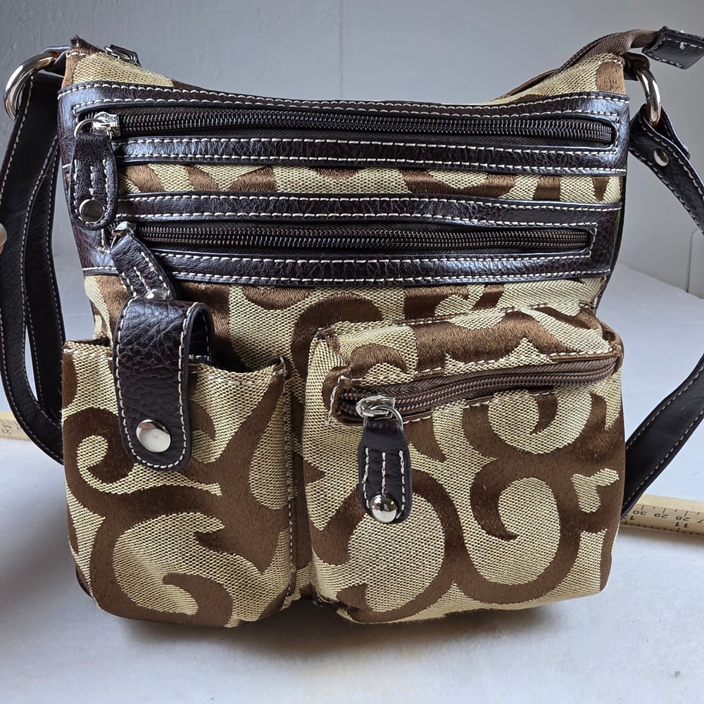 Brown Swirl Jacquard Multi-Pocket Crossbody Bag Utility Shoulder Purse Tan